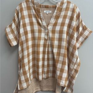 Madewell Tan and Cream Checkered Blouse